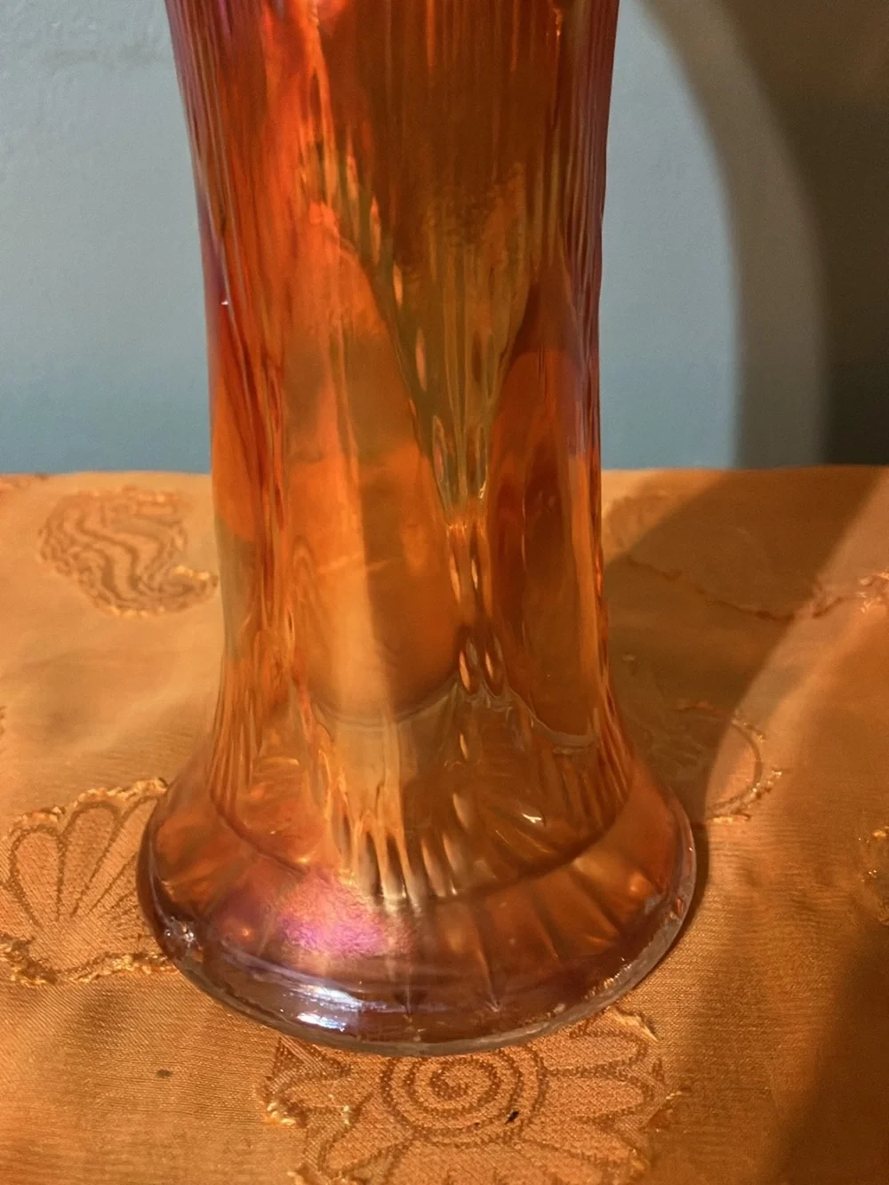 Vintage Marigold Imperial Carnival Glass Stretch Beaded & Ribbed Vase 10”